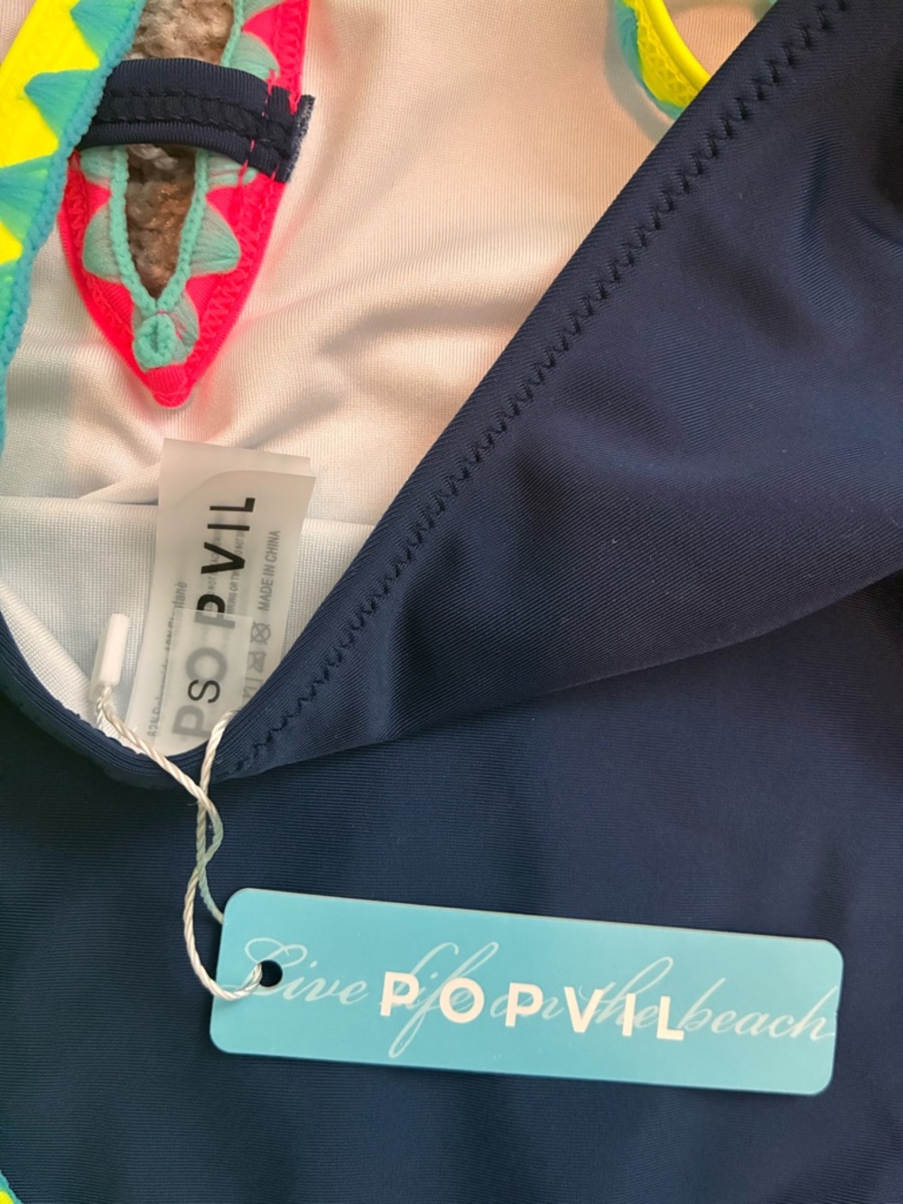 NWT 🆕 Women’s one-piece bathing suit POPVIL navy neon Deep v-neck Size Small - Picture 4 of 10